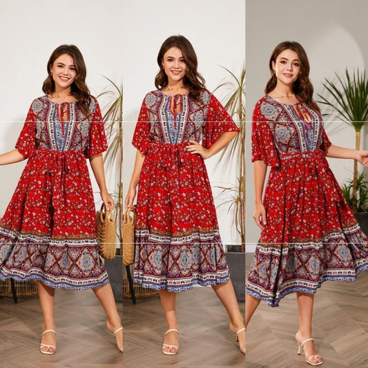 Women Dresses Summer V Neck Print Beach Dress
