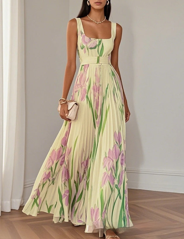 Sleeveless Formal Pleated Printed Dress