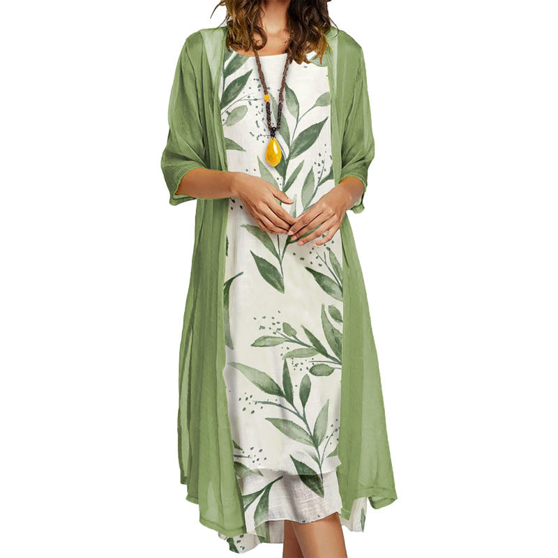 Two-piece Floral Print Round Neck Dress Jacket Women