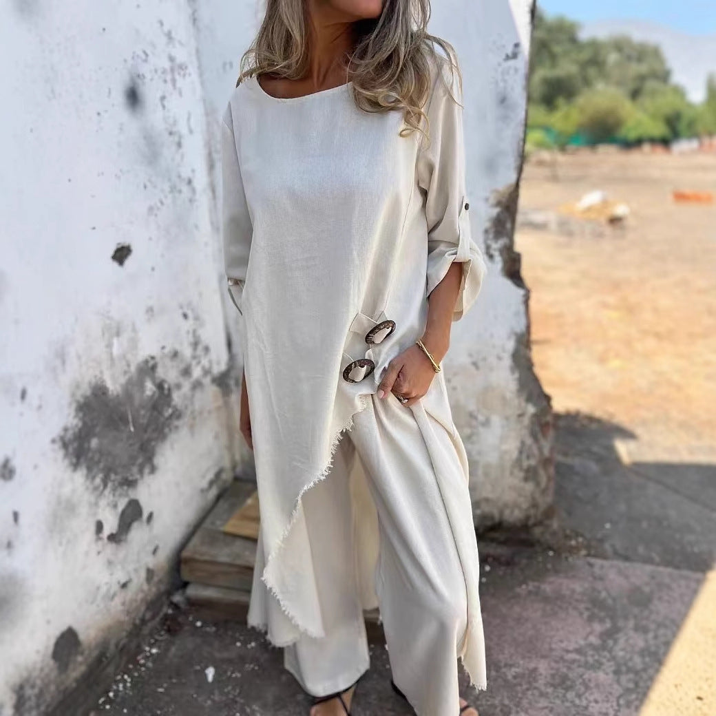 Women's Metal Buckle Loose Robe Suit