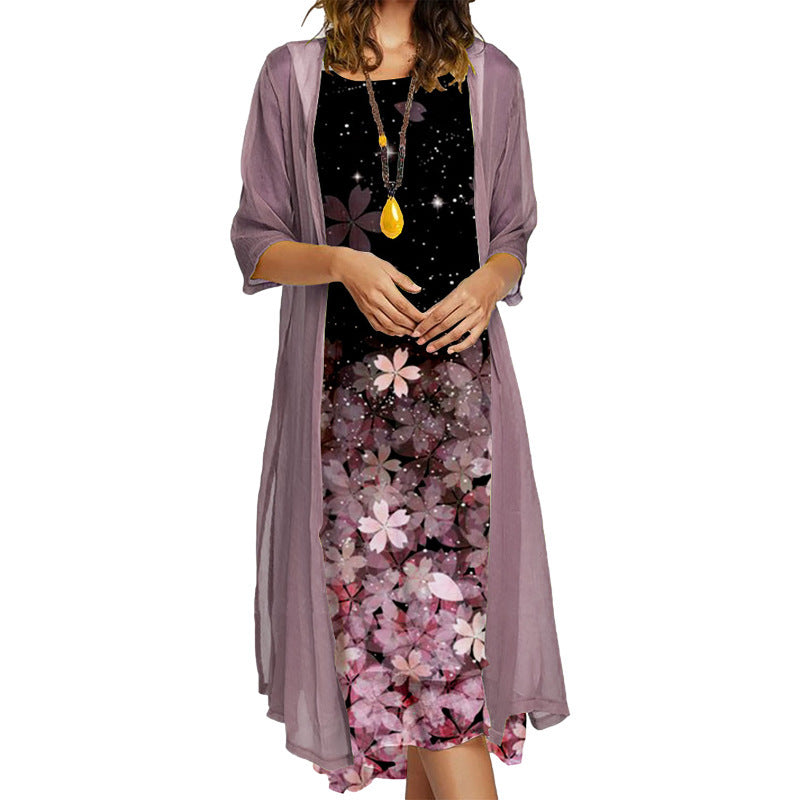 Two-piece Floral Print Round Neck Dress Jacket Women
