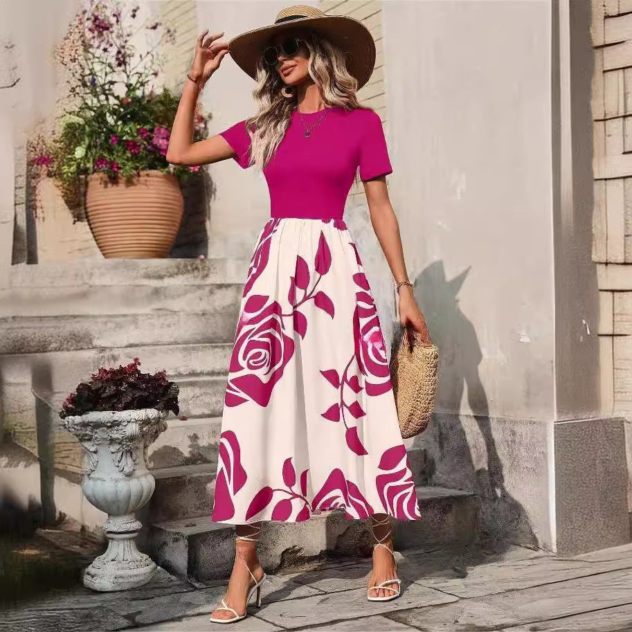 Spring Summer New Short Sleeves Slimming High Waist Dress