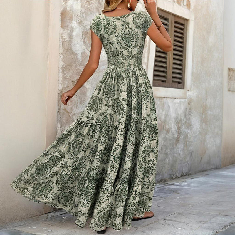Women's V-Neck Short Sleeve Maxi Dress Summer Prints And Flowy Big Hem Beach Dresses