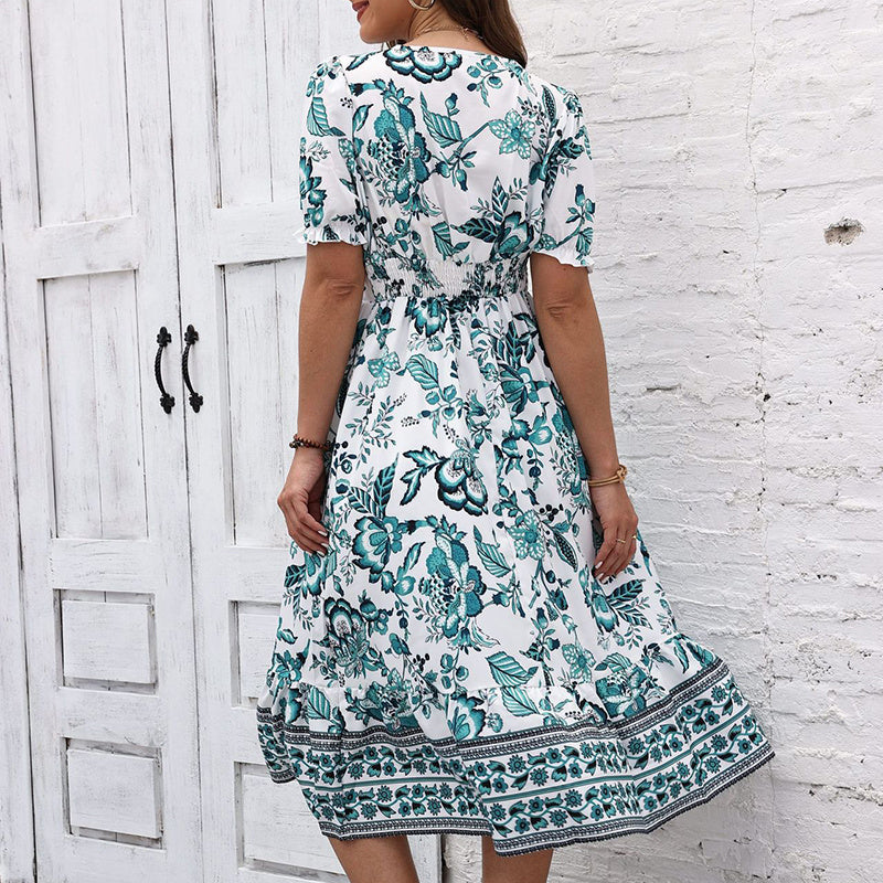 Women Floral Maxi Dress Short Puff Sleeve V Neck Bohemian Flowy Smocked Long Dress