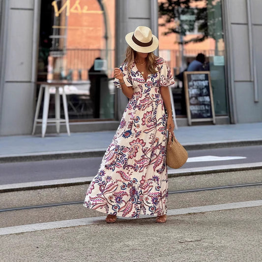V-neck Waist Trimming Printing Ruffled Short Sleeves Dress