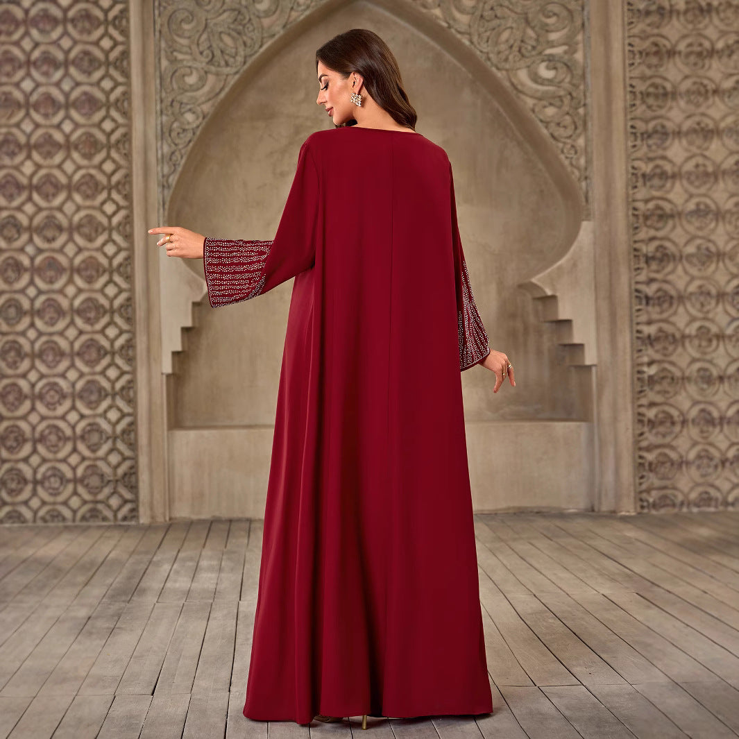 Fashion Rhinestone V-neck Casual Loose Dubai New Dress