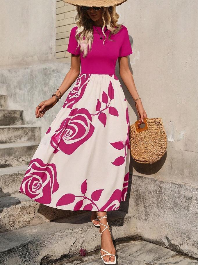 Spring Summer New Short Sleeves Slimming High Waist Dress