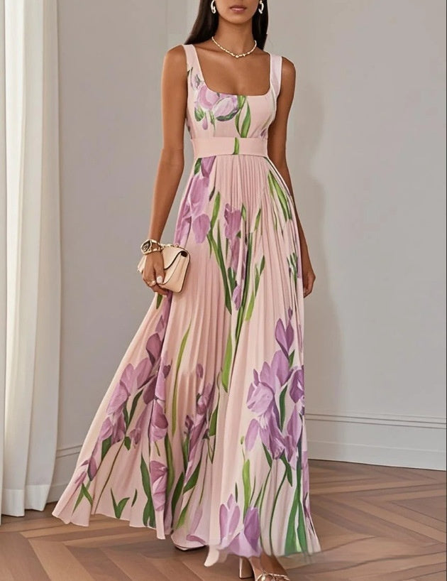 Sleeveless Formal Pleated Printed Dress