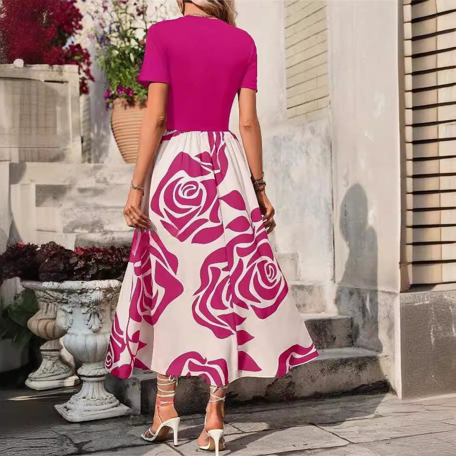 Spring Summer New Short Sleeves Slimming High Waist Dress