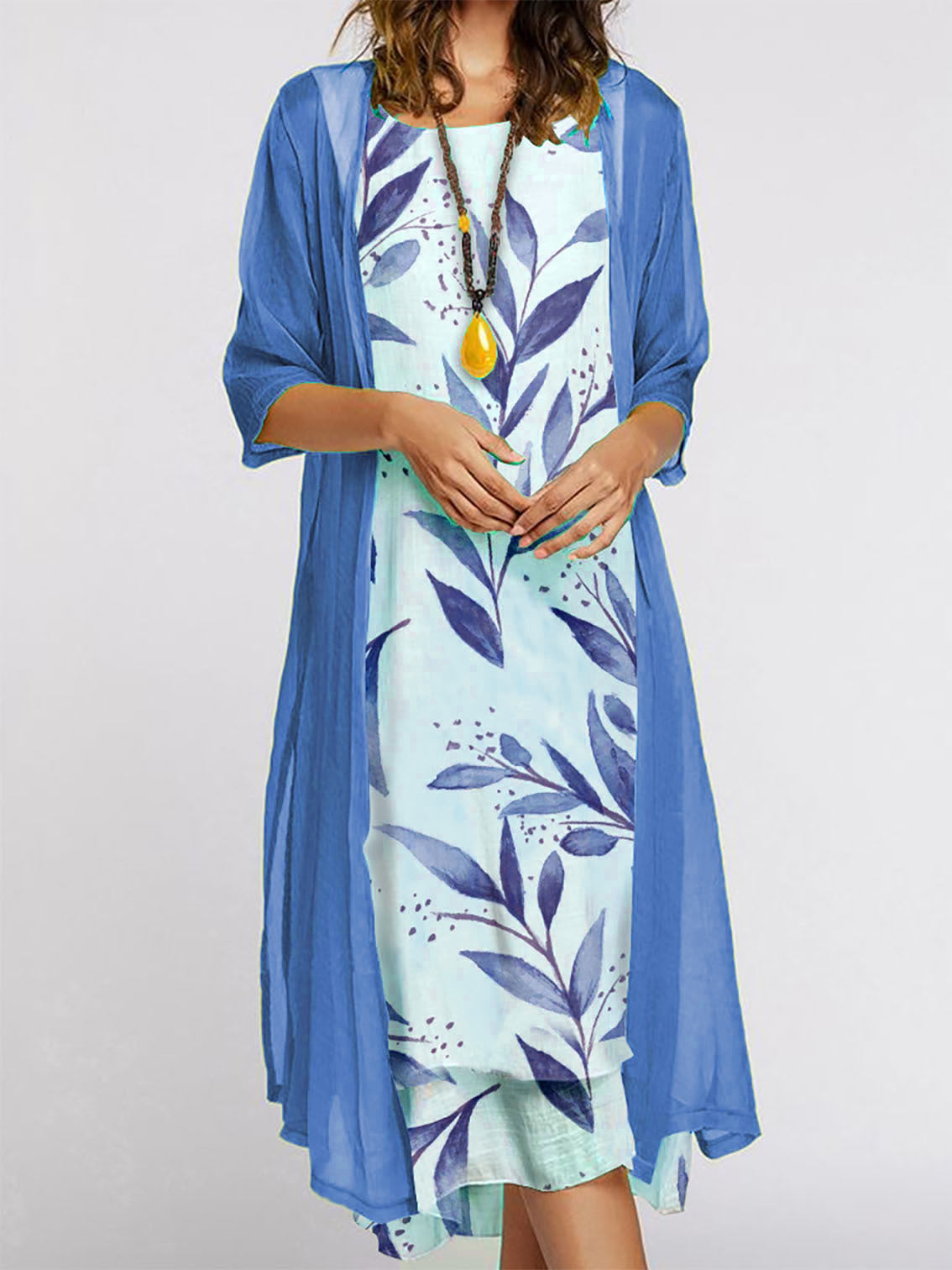 Two-piece Floral Print Round Neck Dress Jacket Women