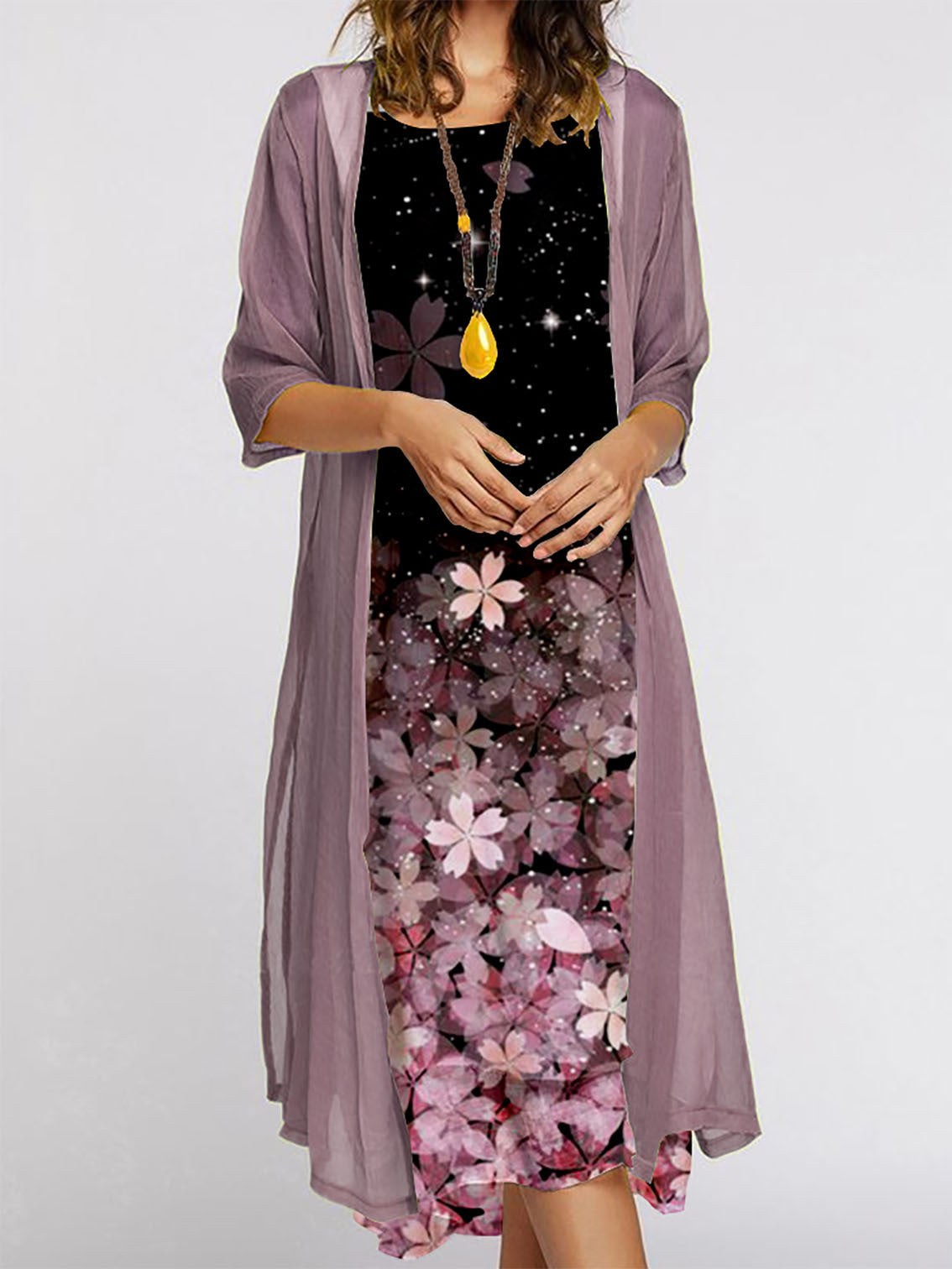 Two-piece Floral Print Round Neck Dress Jacket Women