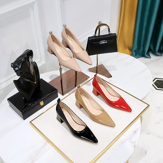 Thick Heel Medium Heel Patent Leather Shallow Mouth