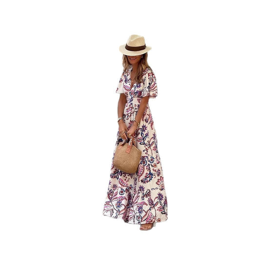 V-neck Waist Trimming Printing Ruffled Short Sleeves Dress
