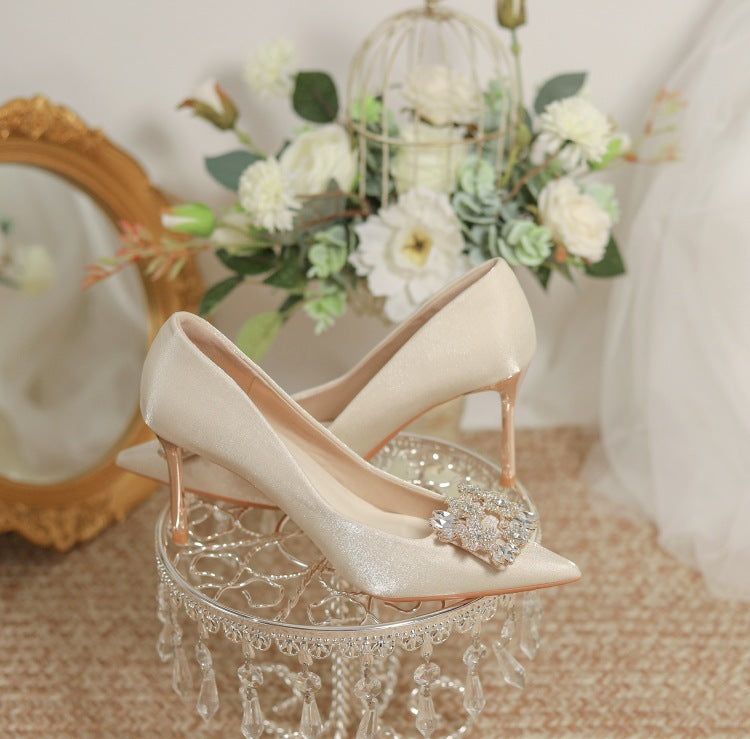 Wedding Dress Two-way Wear Pointed-toe Stiletto Bride Shallow Mouth Pumps Women High Heels