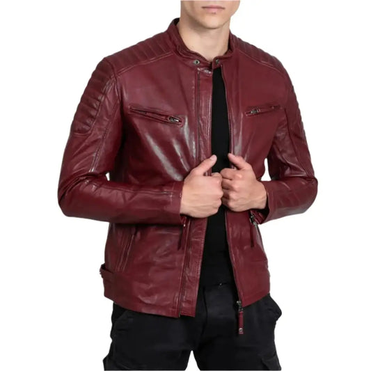 Men's Red Sheepskin Leather Biker Jacket-0